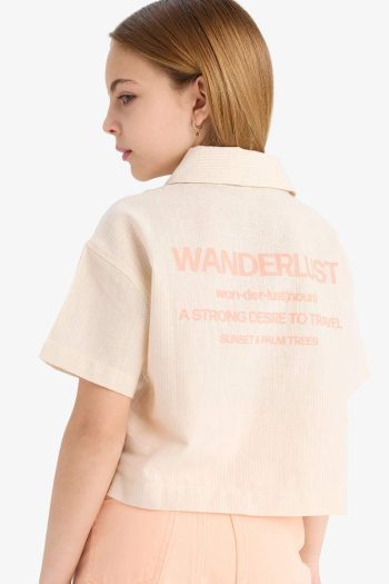 Girls' Cropped Fit Cotton Short Sleeve Shirt with Back Print