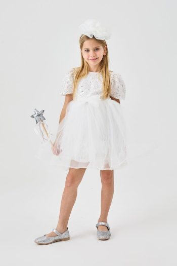 White Beaded Sequin Girl's Dress - Gloria