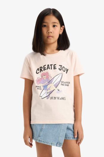 Girls' Short Sleeve T-shirt with Anime Print and Bicycle Neck