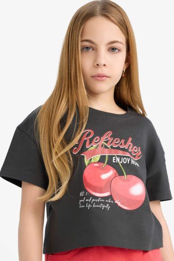 Girls' Bicycle Collar Printed Short Sleeve T-Shirt