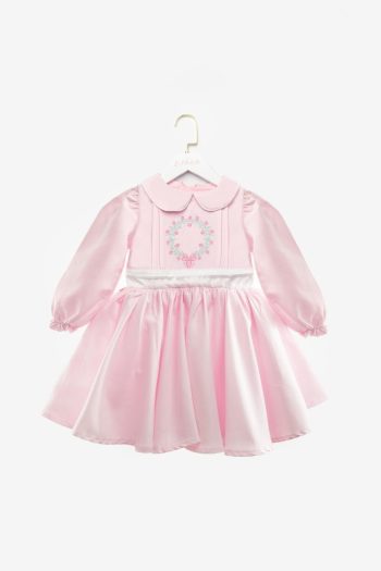 Pink Long-Sleeve Flower Embroidered Dress for Girls - Rina