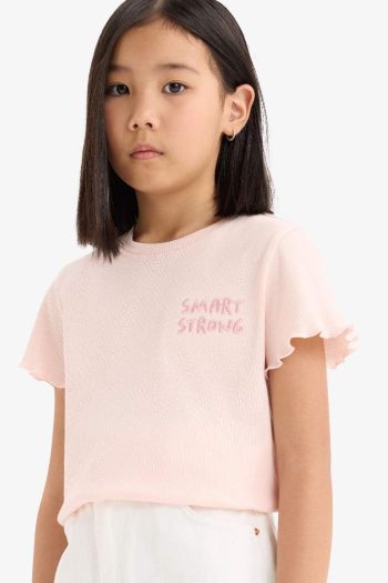 Girls' Slim Fit Fitted Short Sleeve Ribbed Printed T-Shirt with Crew Neck