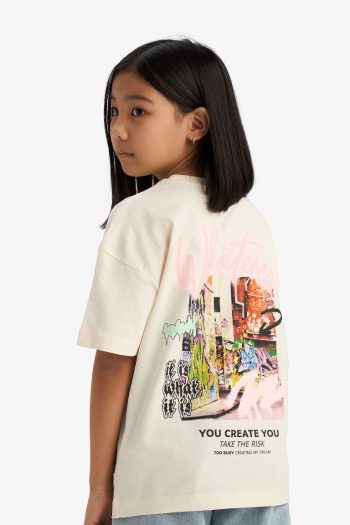 Girls' Oversized Loose Fit Crew Neck Short Sleeve T-Shirt with Back Print