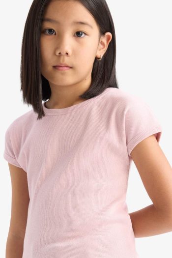 Girls' Slim Fit Tight Cut Round Neck Basic Ribbed Short Sleeve T-Shirt