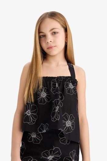 Flower-Patterned Spaghetti Strap Linen Blouse for Girls