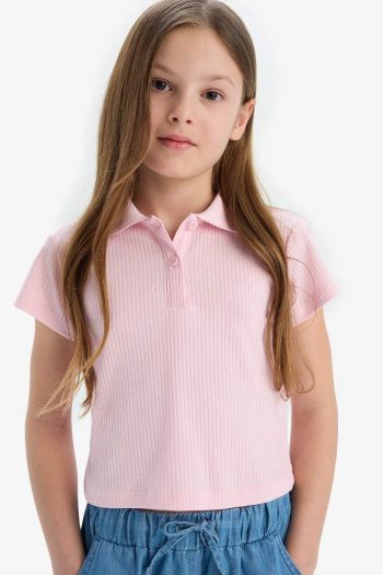 Girl's Slim Fit Fitted Basic Ribbed Short Sleeve Polo T-Shirt