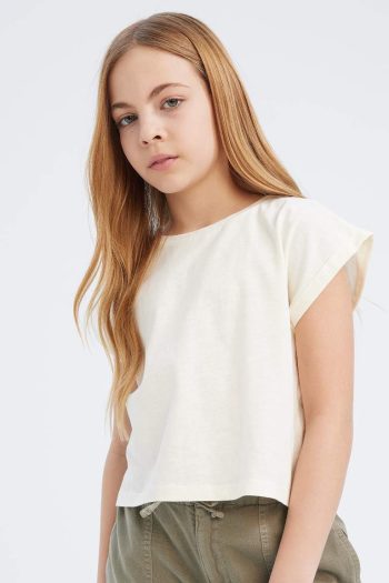 Girl's Boxy Fit Crew Neck Basic Solid Short Sleeve T-Shirt