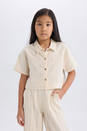 Girls' Cropped Fit Linen Short Sleeve Shirt