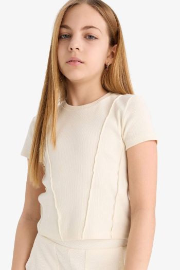 Girl's Slim Fit Tight-Fitting Crew Neck Basic Plain Ribbed Short Sleeve T-Shirt