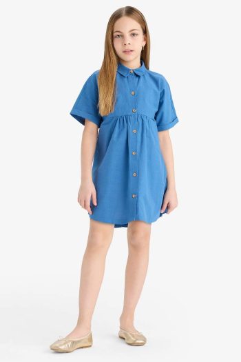 Girl's Cotton Short-Sleeve Dress with Shirt Collar