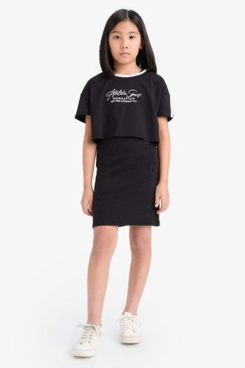 Girls' Bicycle Collar Fitted Ribbed Printed Short Sleeve Dress
