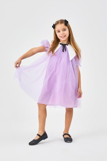 Lila Pointed Collar Girl's Tulle Dress - Nicole
