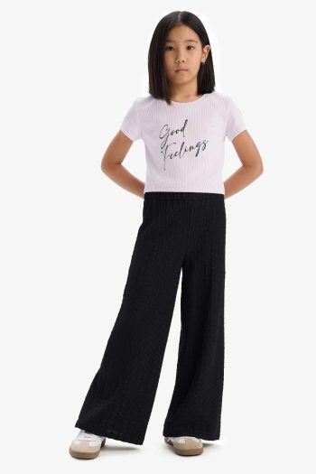 Girls' Ribbed Knit Two-Piece Set with Printed Short-Sleeve T-Shirt and Wide-Leg Pants