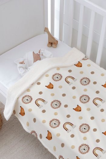 Tuğba Kuğu Plush Double-Sided Blanket - Vintage Lion and Rainbow