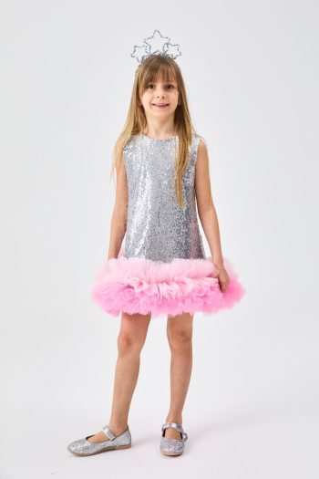 Silver Dress with Tulle and Sequins for Girls - Evie