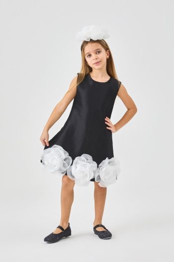 Black Dress with Rose Detail on Hem for Girls - Paola