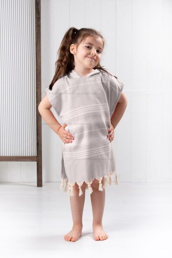Children's Bathrobe Poncho 100% Cotton Beach Towel Pestemal Brown
