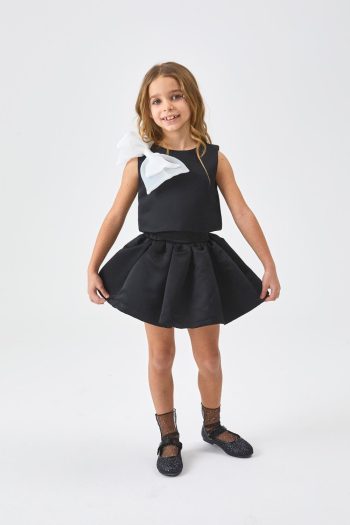 Black Organized Bow Detailed Girl's Two-Piece Set - Gale