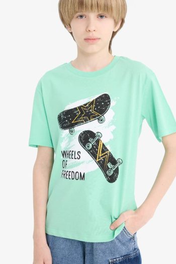 Boys' New Regular Fit Printed Short Sleeve T-Shirt with Crew Neck
