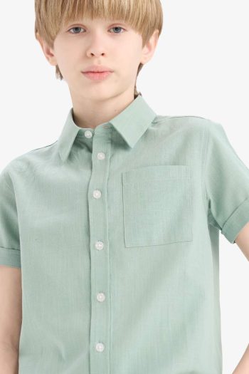 Boys' Polo Collar Linen Look Basic Plain Short Sleeve Shirt