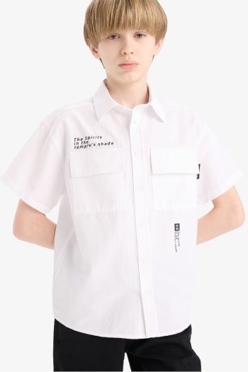 Boys' Oversized Loose Fit Printed Poplin Short Sleeve Polo Shirt