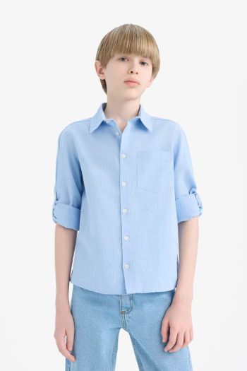 Boys' Long Sleeve Shirt with Polo Collar in Linen Look
