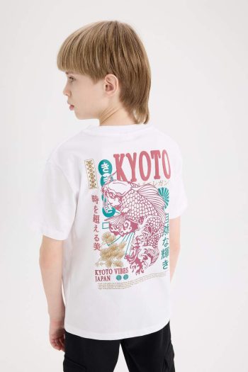 Boys' Bicycle Neck Short Sleeve T-Shirt with Back Print