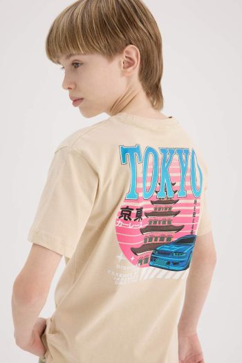Boys' Bicycle Collar Short Sleeve T-Shirt with Back Print