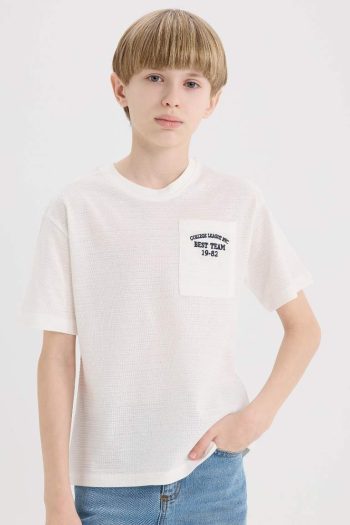 Boy's Bicycle Collar Embroidered Pocket Printed Short Sleeve T-Shirt
