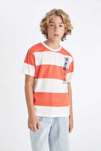 Boys' Striped Short Sleeve T-Shirt with Bicycle Neck
