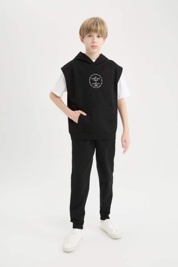 Boy's 3-Piece Set with Hooded Sleeveless Printed Sweatshirt, Short Sleeve T-Shirt, and Elastic Waistband Jogger Pants