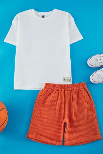 TRENDYOLKIDS Terracotta Boys' %100 Cotton Muslin Printed T-Shirt-Short Knit Set TKDSS25AU00088