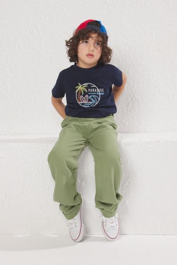 TRENDYOLKIDS Haki Boys' 100% Cotton Balloon Fit Elastic Waist Woven Pants TKDSS25PL00006