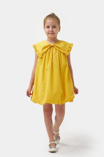 Minipodyum Girls' Bow Collar Woven Summer Balloon Dress