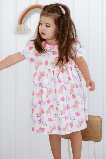 Lilabio 100% Cotton Short Sleeve Printed Round Neck Dress for Girls