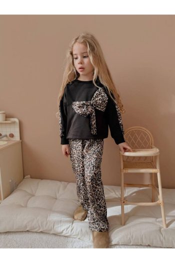 Yigit Boutique Bow Detail Leopard Print Girls' Two-Piece Set