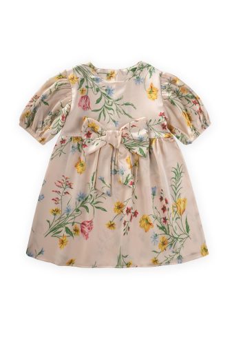 Patterned Satin Dress for Ages 2-8 in Ecru