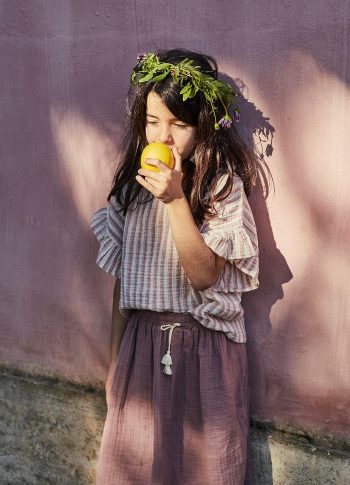 Mussel Skirted Blouse Set for Ages 2-8 in Dusty Pink Stripes