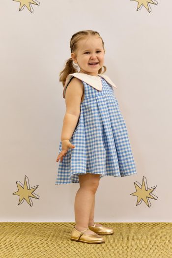 Checked Printed Dress with V-Neck in Blue