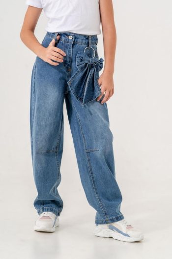 I WILL WEAR GIRL'S COMFORTABLE CUT REMOVABLE BOW DENIM PANTS