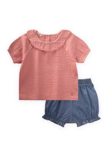 Baby Collar Denim Shorts Set 0-4 Years Salmon Pink