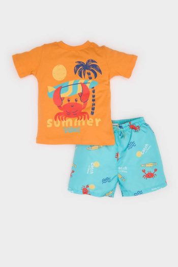 Boys' Two-Piece Set with Crab Print Short Sleeve T-Shirt and Elastic Waist Swim Shorts