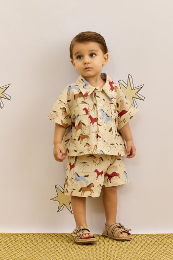 Beige Pleated Pocket Shorts Set