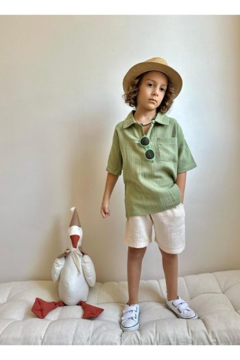 Yigit Boutique Muslin Fabric Shirt Collar Boys' Short Set