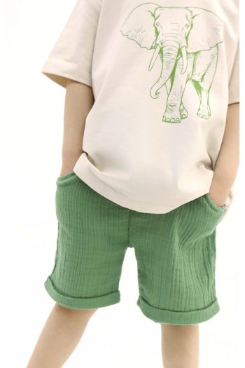 PUMPKIN Stone Color T-shirt Green Muslin Shorts Set TYE0031