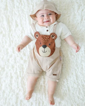 Teddy Bear Print Bucket Hat Polo Collar T-Shirt 3-Piece Set