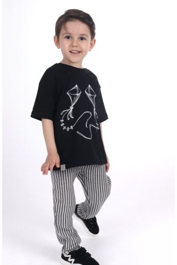 PUMPKIN Kite Striped Muslin Pants Black Oversize T-shirt Set TYE0013