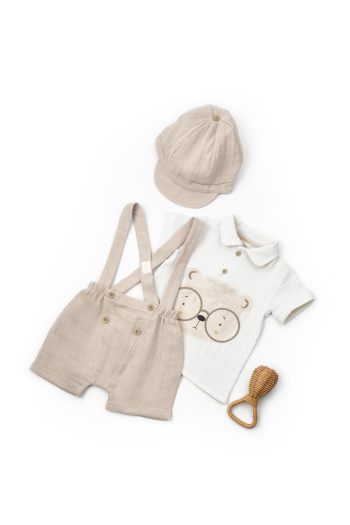 Baby Boy Muslin Beige Suspender Shorts Set - Bear Printed T-Shirt and Hat 100% Cotton 3-Piece Set