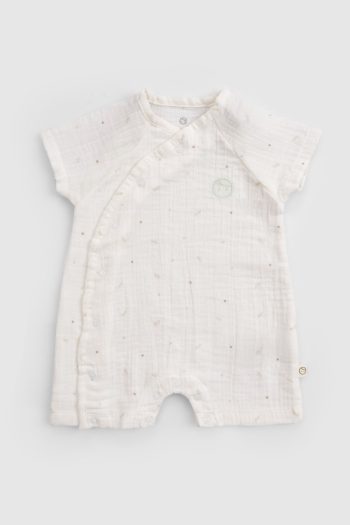 Organic Cotton Muslin Ecru Cross-Over Baby Shorts Romper