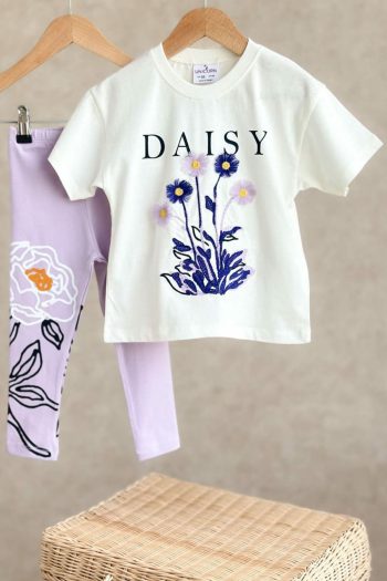 Daisy Flower Embroidered Detailed Girl's Outfit with Leggings - Lilac